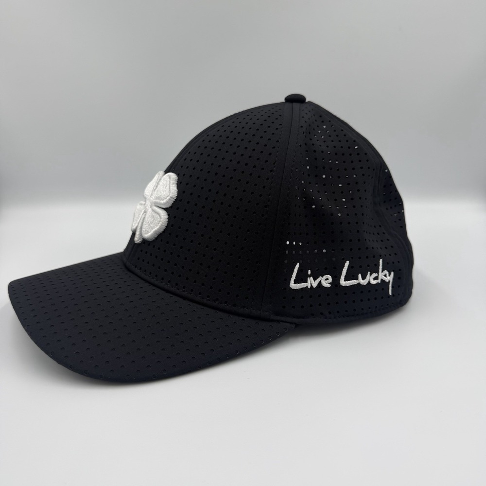 Black Clover Hat Cap Fitted Mens S/M Black Live Lucky Golf Breathable Stretch